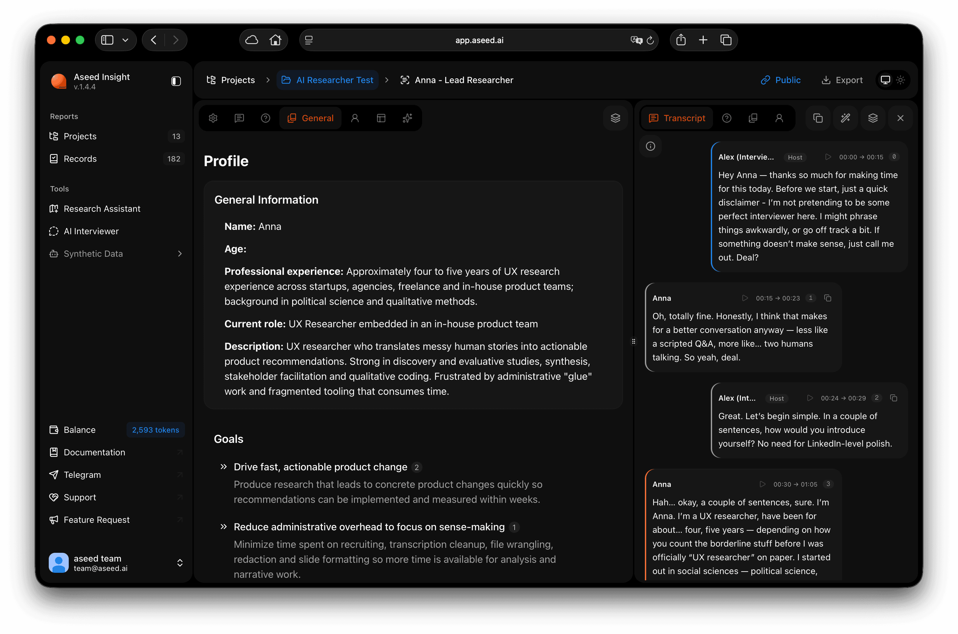 Aseed application interface in dark theme — research workspace with navigation and content panels.