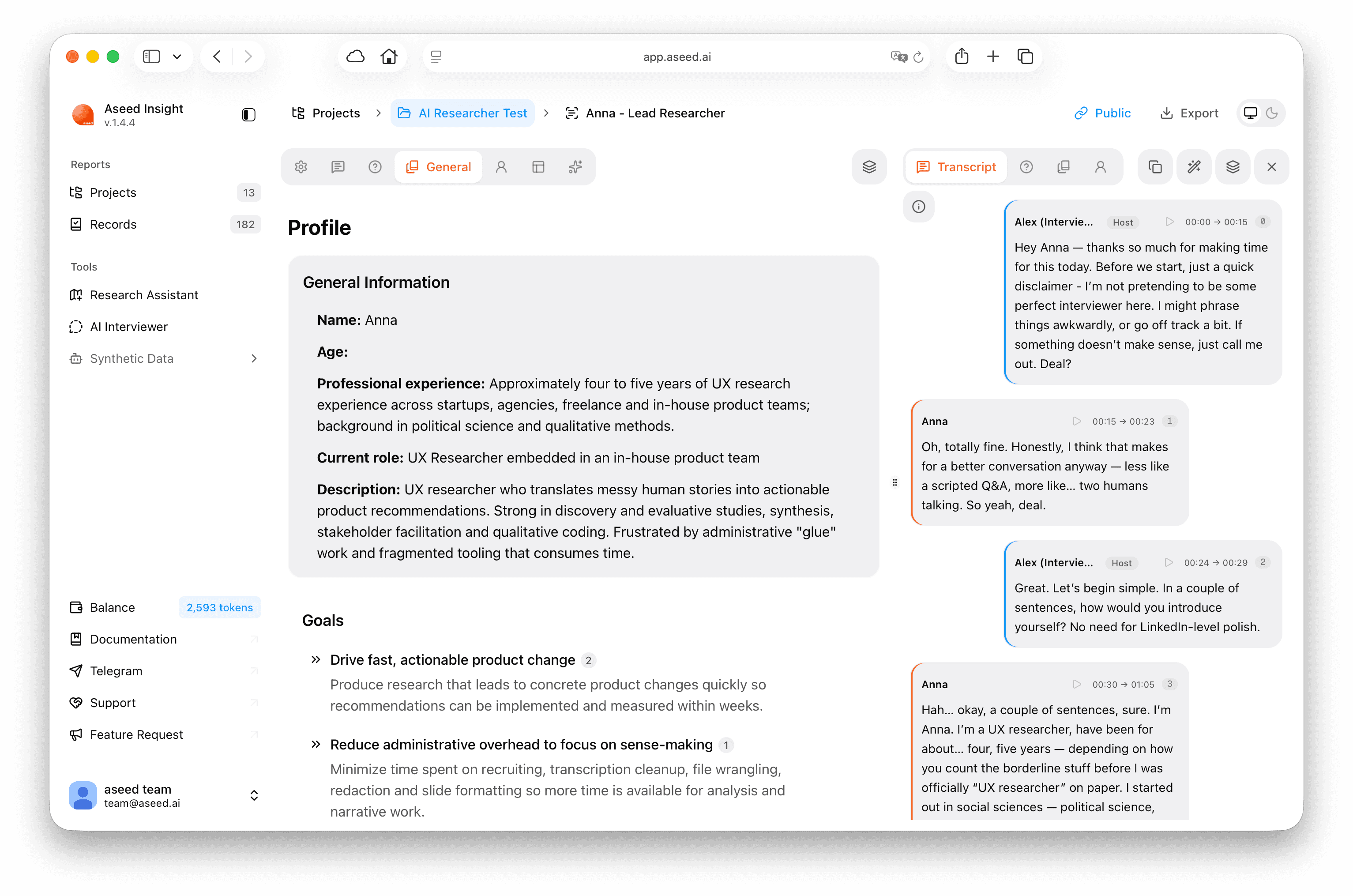 Aseed application interface in light theme — research workspace with navigation and content panels.