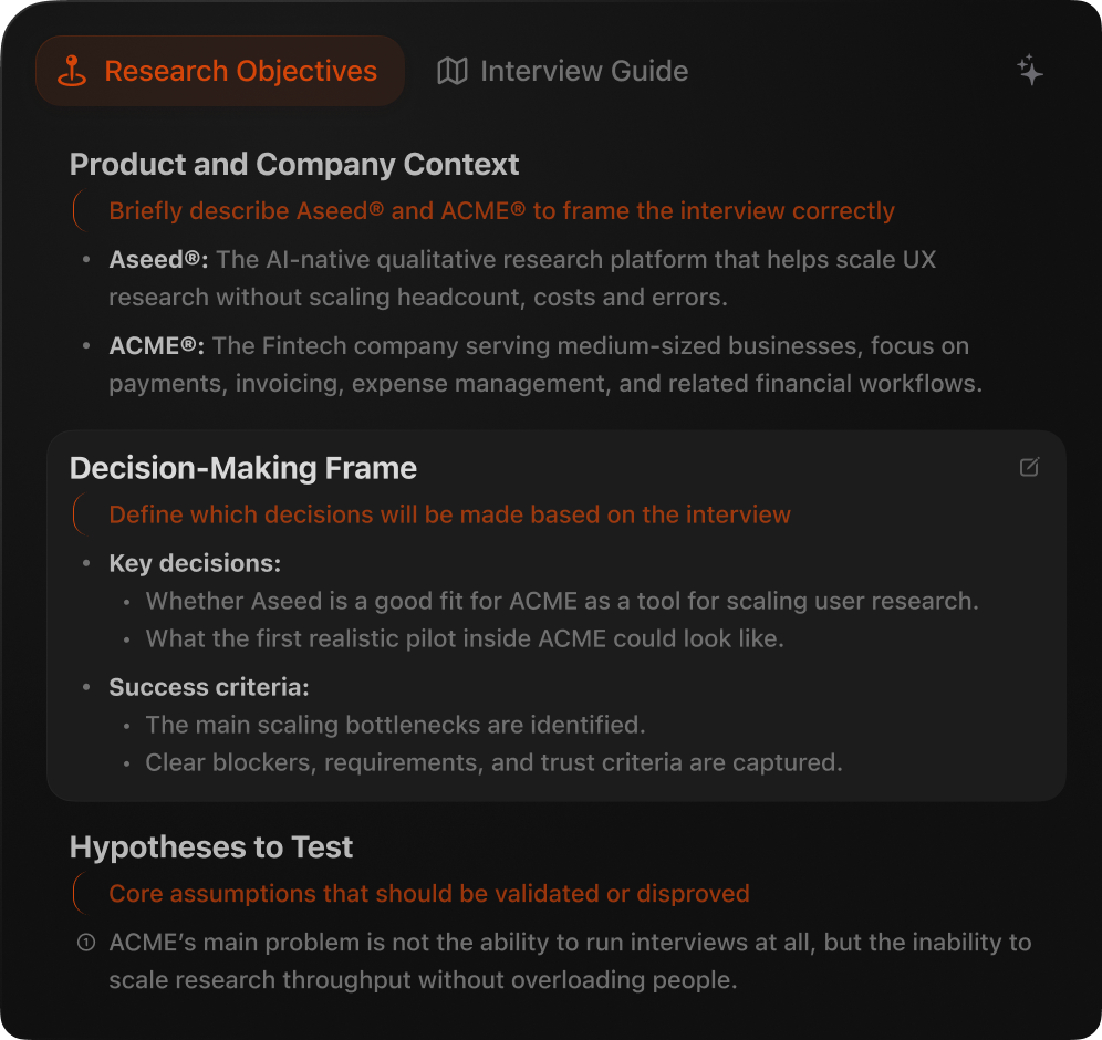 Research objectives panel with product and company context, decision-making frame, and hypotheses to test.