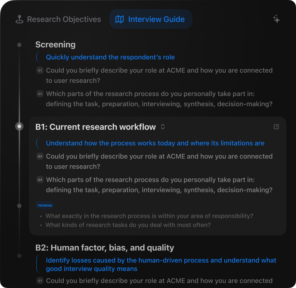 Interview guide panel with screening and current workflow questions grouped into structured blocks